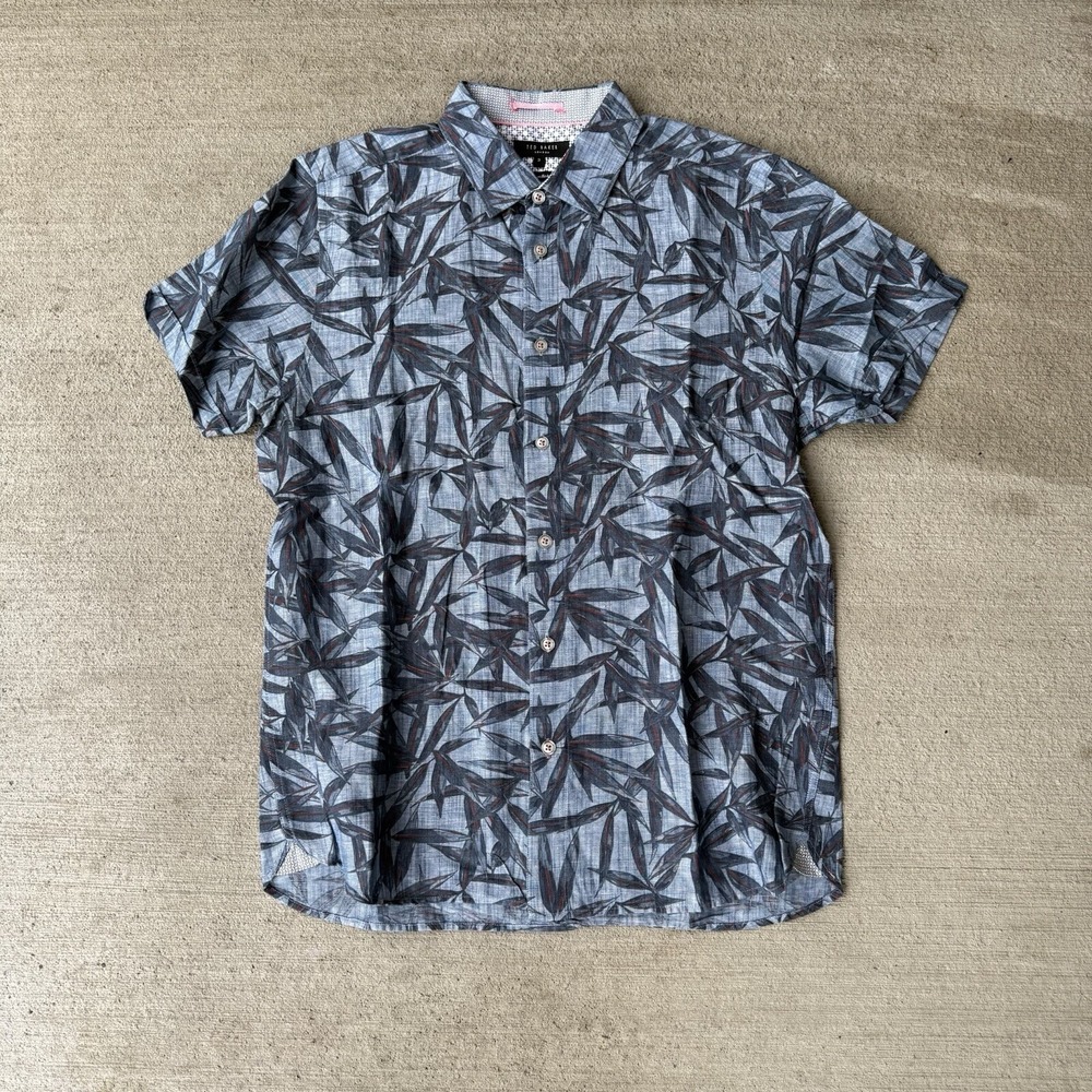 Ted Baker Bamboo Leaf Print Shirt Men's Medium Linen Cotton Short Sleeve